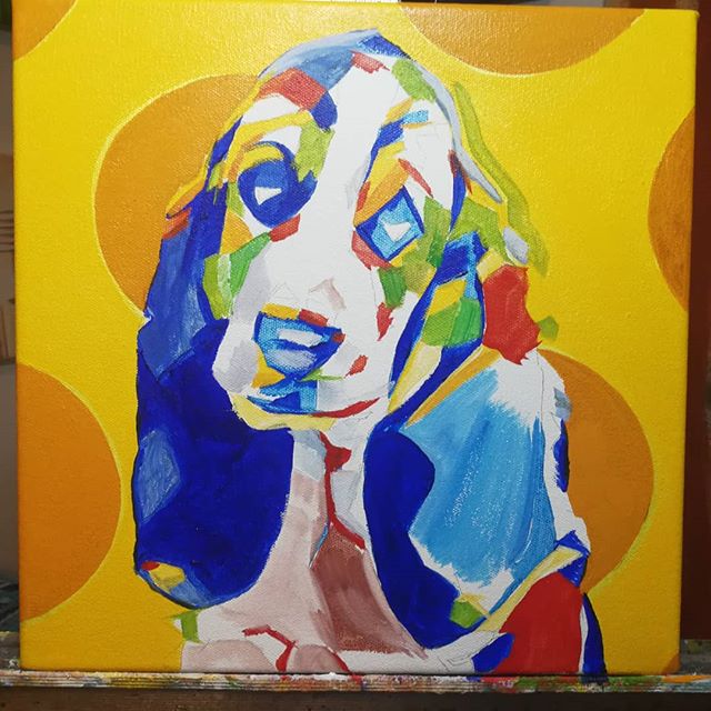 Pop Art Pet Portrait - In Progress
Bassett Hound Puppy
12in x 12in x 1.375in

This painting has been a rework from Oct. 2017. This is a progress image when the first coat of oil has started to be applied.
