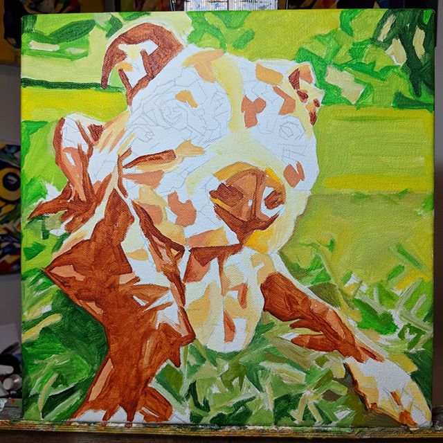 Work in progress
Pet Portrait
Kane
12in x 12in x 1.375in

Putting down the base acrylic layers to map out colour ideas and generalized shapes of the subject. Swipe to see the original image I am working from.
Looking for a custom made painting of your pet or something else? www.camerondixon.com

Purchase directly through my Etsy shop:
https://www.etsy.com/shop/CameronDixonsArt?ref=seller-platform-mcnav